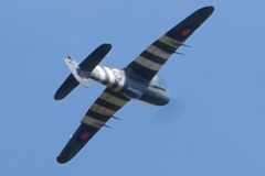 Grahame Pearson’s Black Horse Hawker Typhoon Maiden, taking to the skies over Coombes on 29th June 2025. Although the model has flown several years ago this was essentially a maiden flight. It flew very well feeling rock solid in the air. The 79” model has been enhanced with some airbrush applied weathering. Model weighs 7kg and is powered by a Saito 220 (36cc) 4-stroke turning a 20x6 Master Airscrew prop. Photo by Jaime Brazier