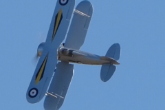 Les Crane maidens his Gloster Gladiator. Built from the Brian Taylor plan ( www.sarikhobbies.com ), model is 56” wingspan. Motor is a 4Max 360kV, 80amp ESC, prop is 17 x 10 and battery is 5s 4500. Decals from Callie Graphics depict the Shuttleworth Collection Gladiator. Flies well.  Photo Grahame Pearson.